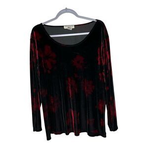 Notations Top Womens 1X Black Red Velvet Floral Whimsigoth Stretch Holiday Shirt